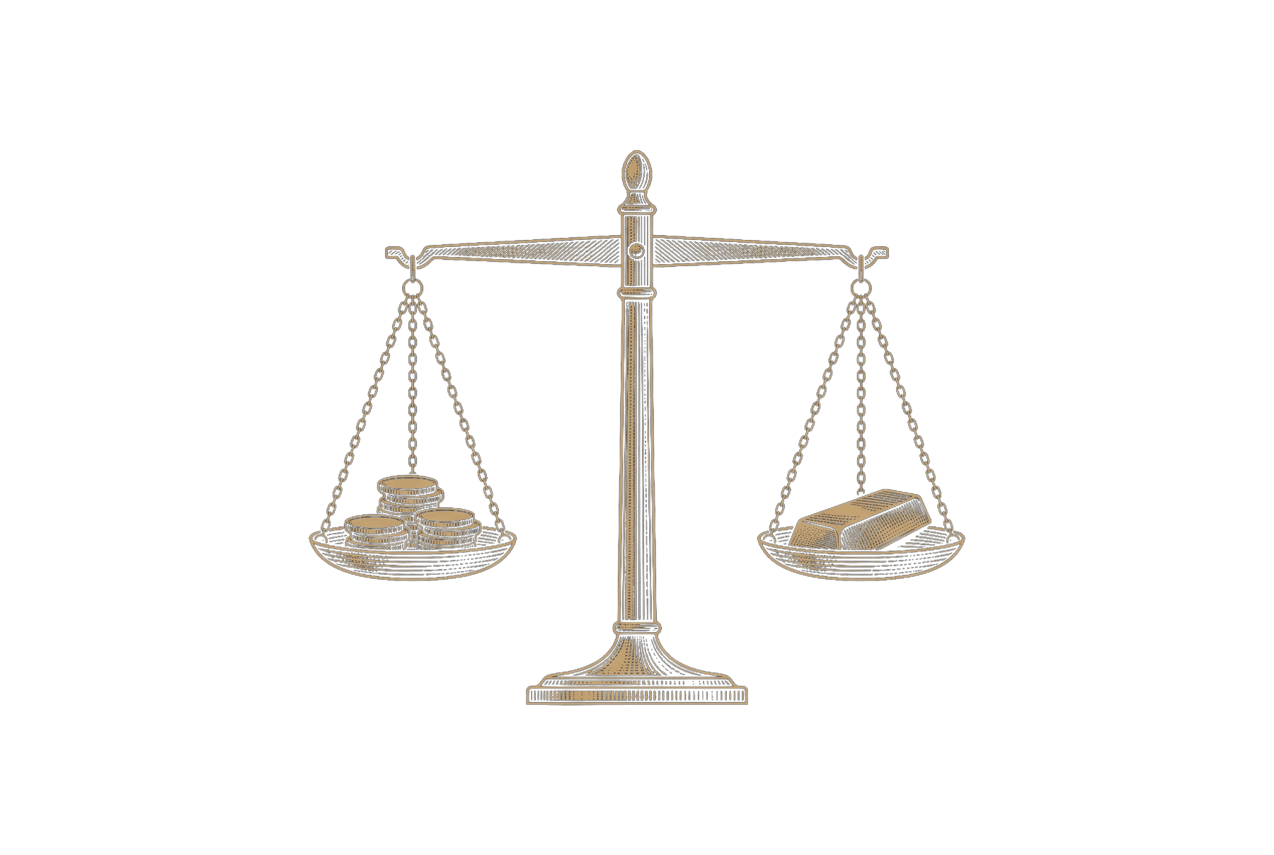 Gold engraving of a balance scale weighing coins against a gold ingot on navy