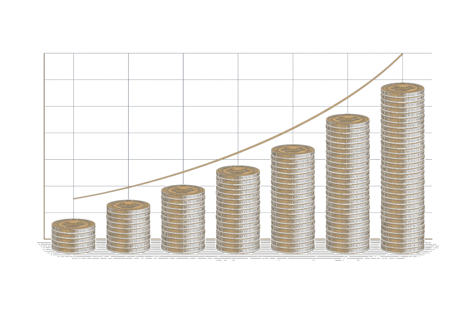 Gold engraving of coin stacks rising along a compounding curve on navy