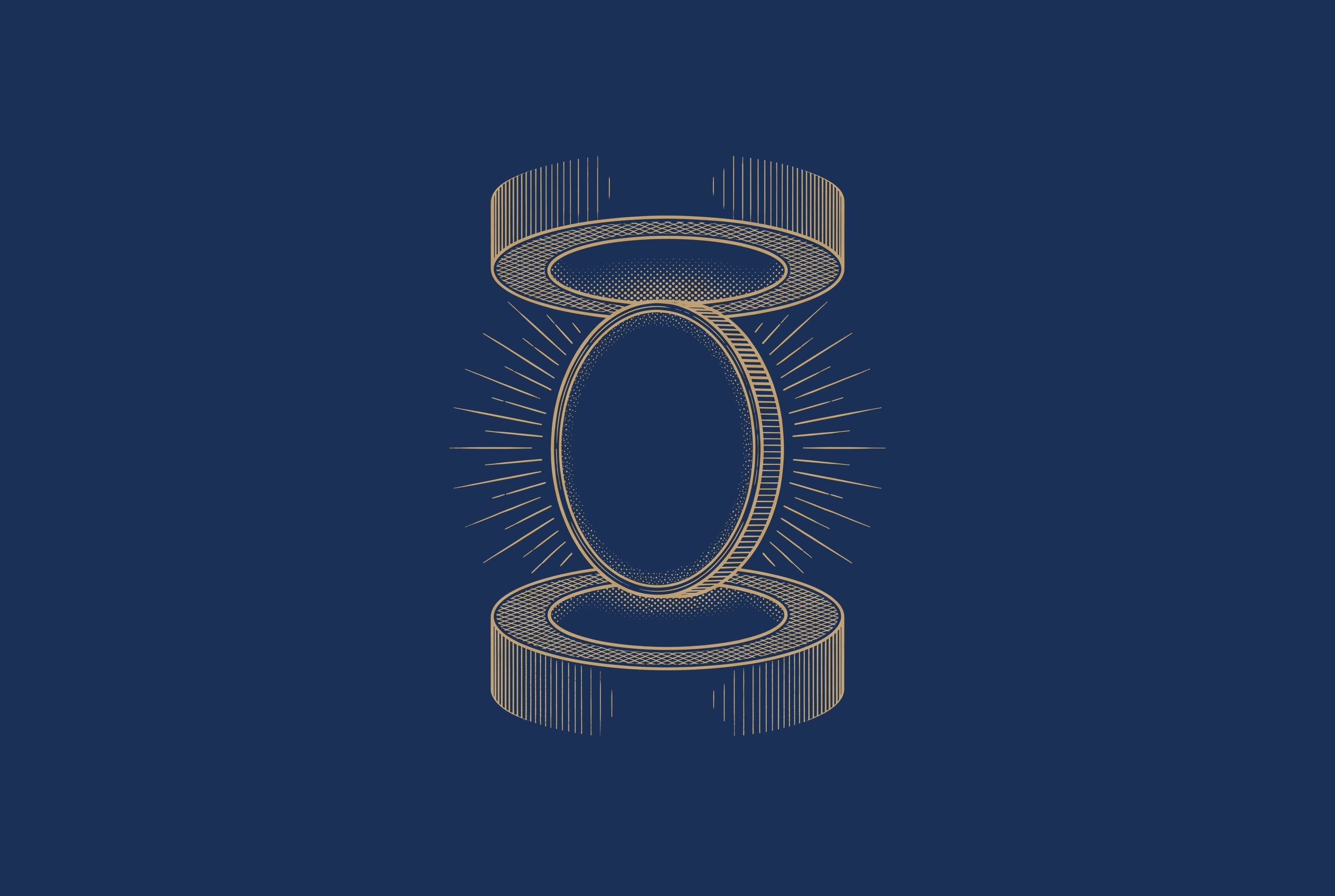 Gold engraving of a coin held between two protective rings on navy